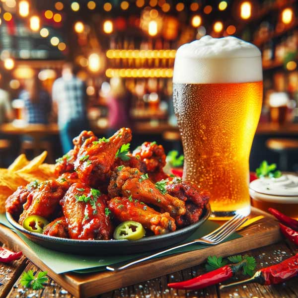 A table setting with spicy wings and a frothy IPA beer, embodying the zest and energy of a bustling restaurant.